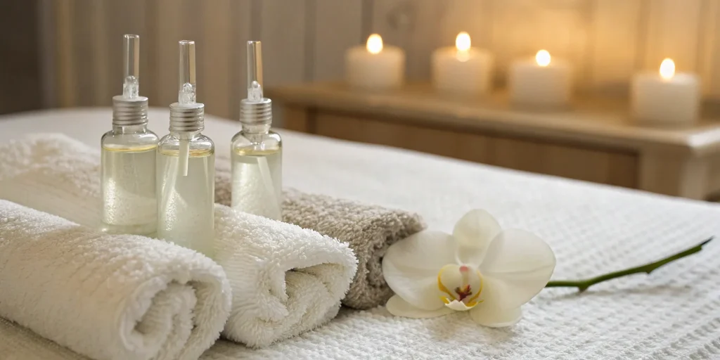 Lip filler syringe on a table with spa accessories.