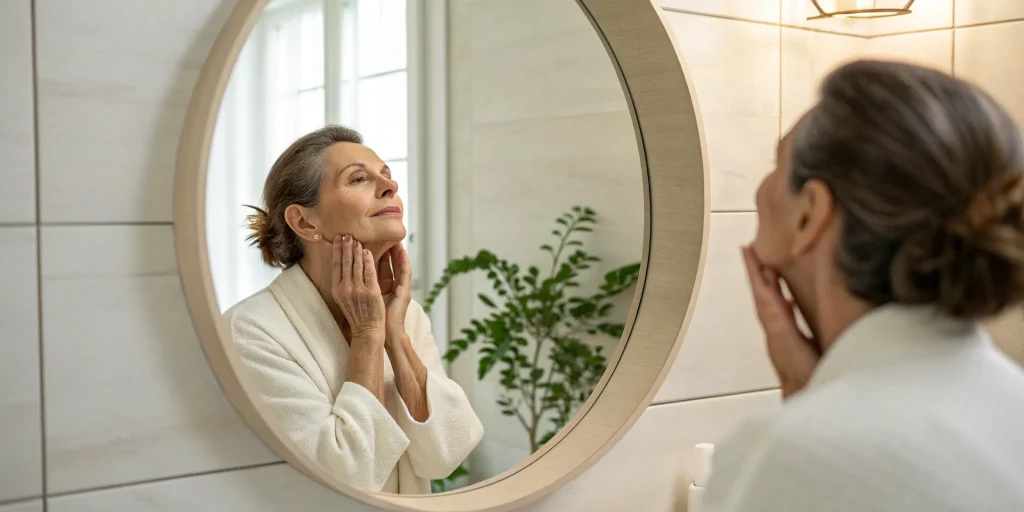 Woman examining her jawline in the mirror, considering how to get a defined jawline.