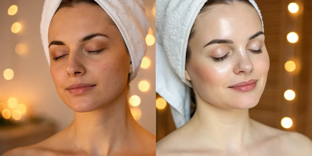 Before and after LED light therapy for improved skin tone and texture.