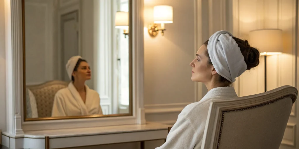 Woman admiring her lip filler before and after results in a mirror.