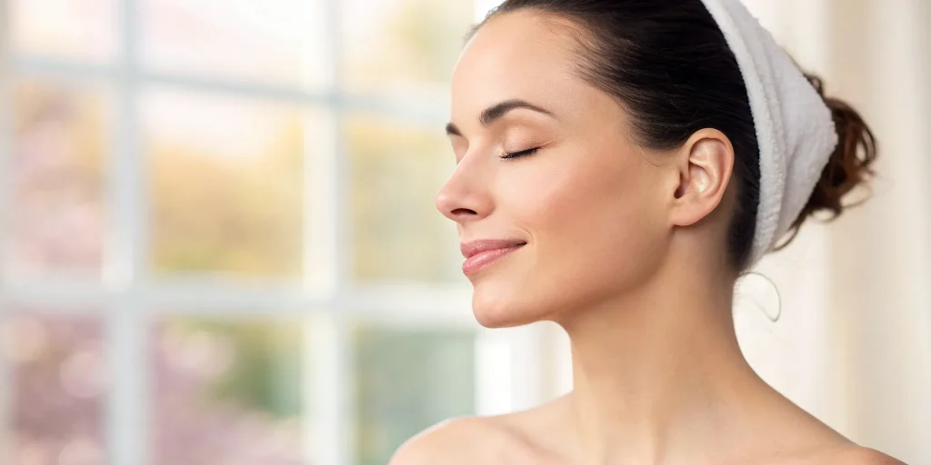 A woman's face showing clear before and after results from a non surgical face lift.