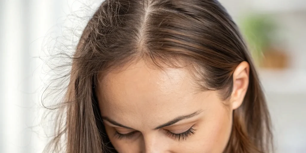 A woman's thinning hair part and scalp before starting PRP treatment.