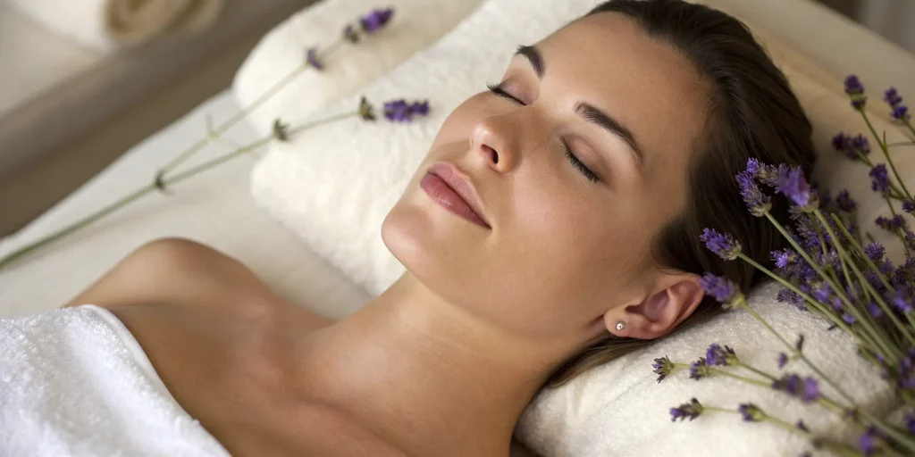 Woman's face with eyes closed, prepared for under eye filler for dark circles.