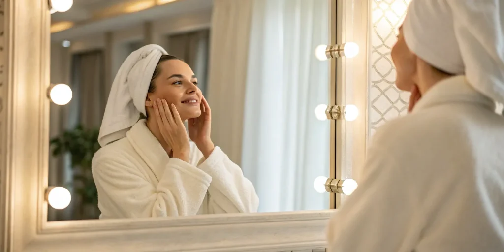 Woman examining her under-eye area in a mirror, before and after fillers.