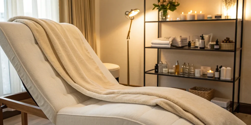 A modern spa room prepared for a non-invasive fat melting treatment.