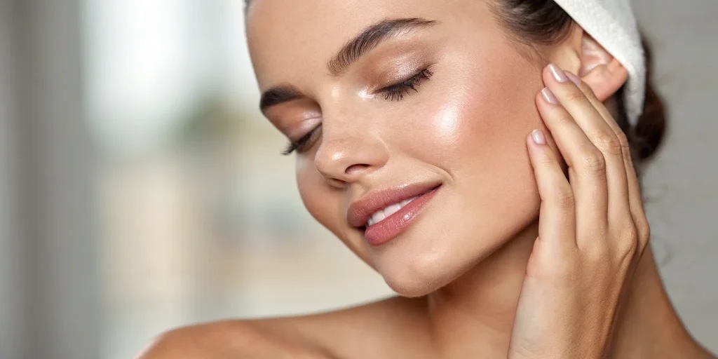 Woman with glowing, smooth skin touching her face after collagen stimulator injections.