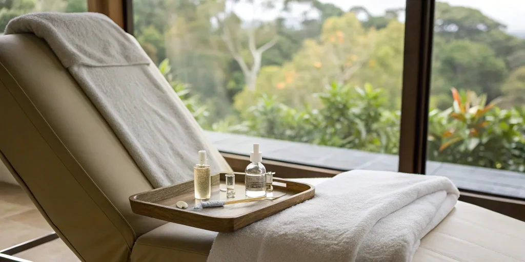 Clinical chair and medical tray prepared for platelet rich plasma hair restoration.