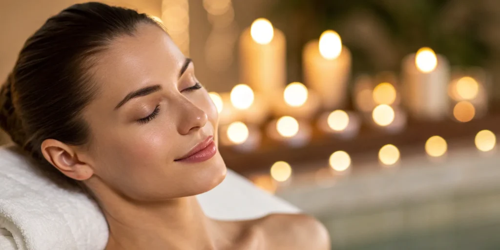 Woman with glowing skin showing RF microneedling before and after results from 3 treatments.