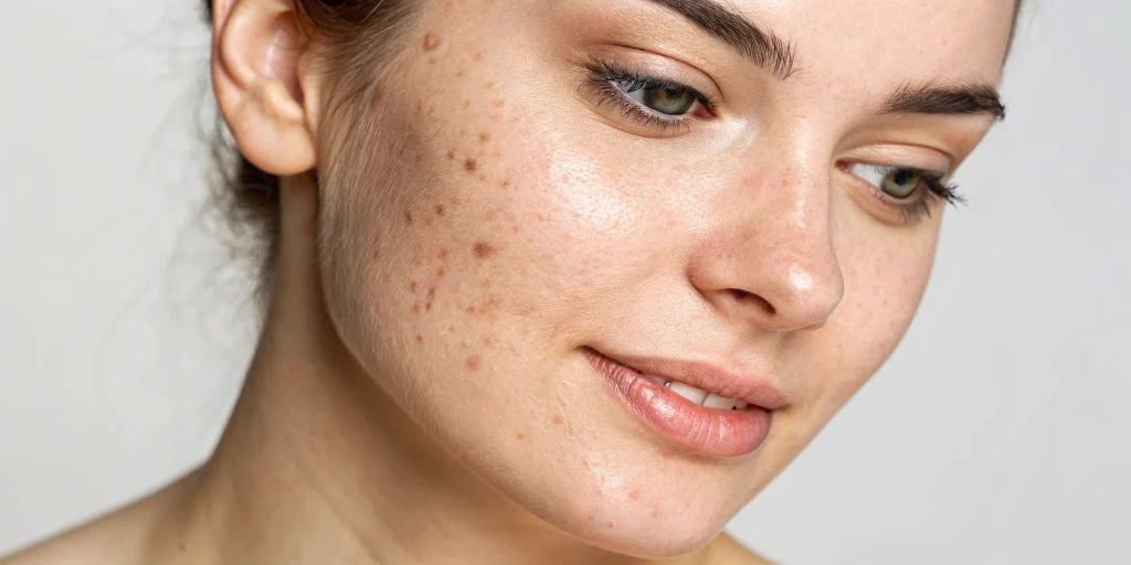 A woman's face with acne and scars before treatment with hyaluronic acid.