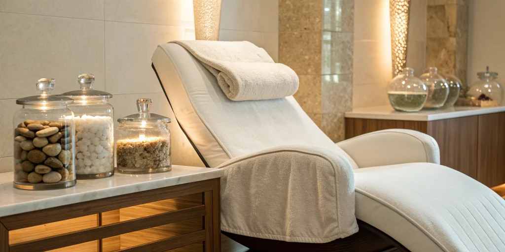A patient chair in a clean, modern clinic for a non-surgical body sculpting treatment.