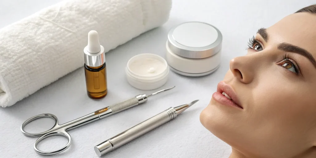 At-home and professional high frequency lip treatment tools next to a woman with smooth, plump lips.