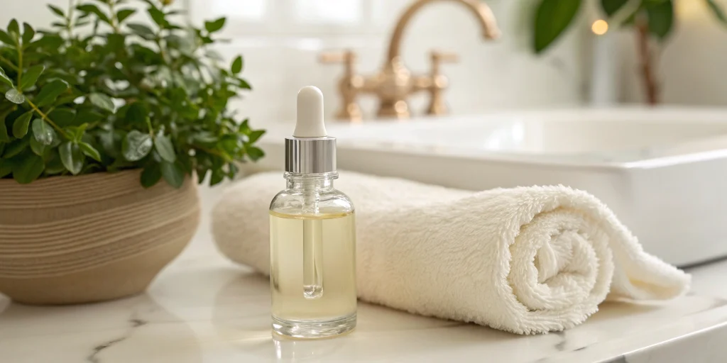 A gentle serum and towel on a counter for a post botox skin care routine.