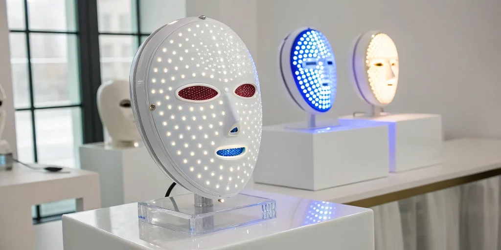 Professional LED therapy devices for acne treatment in a clinic.