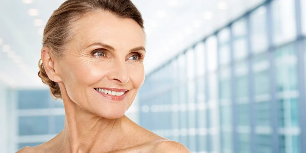 A smiling woman over 60 with smooth skin after one of the best non-surgical facelift treatments.