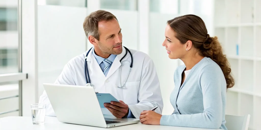 Doctor and patient discussing how many Botox units are needed for the forehead and 11s.