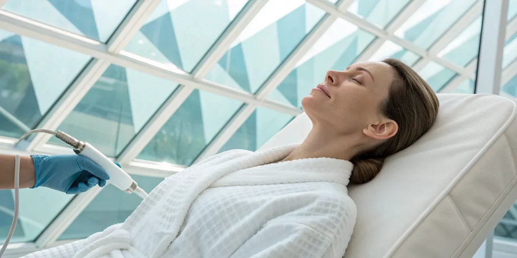 Patient receiving an RF microneedling treatment for acne scars.