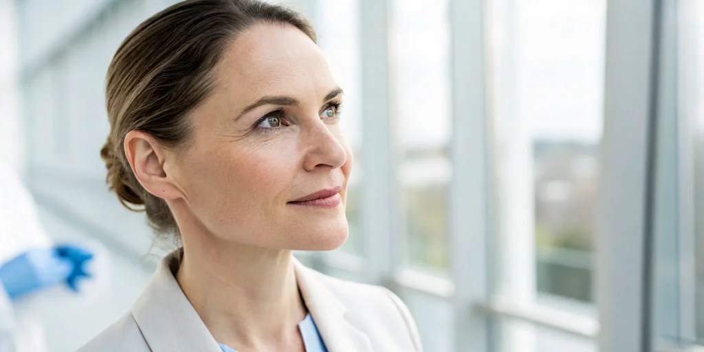 Woman with a smooth forehead planning the right number of Botox units for her first time.