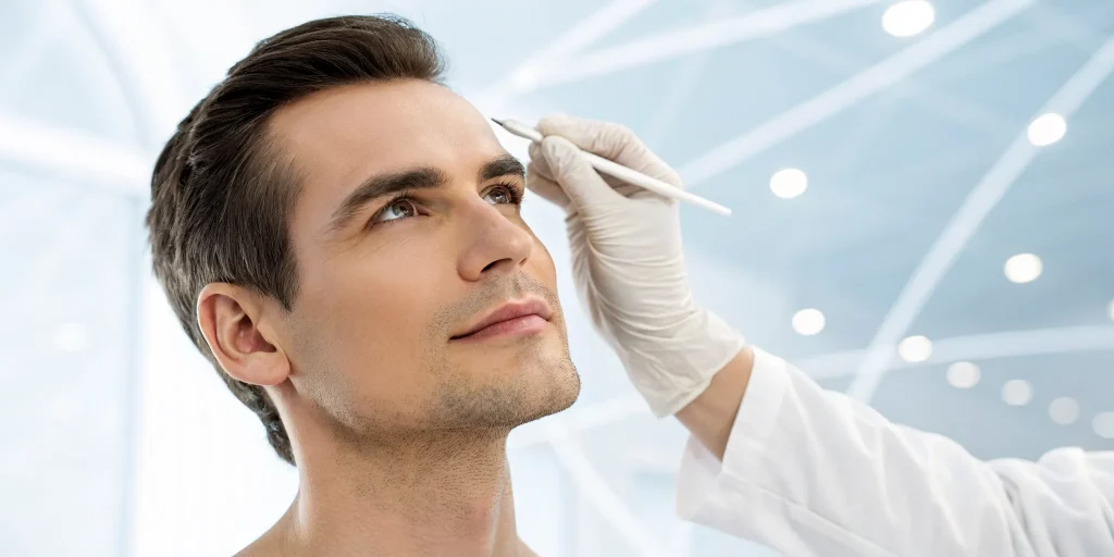 A medical professional assesses a man's forehead to determine the correct Botox dosage.