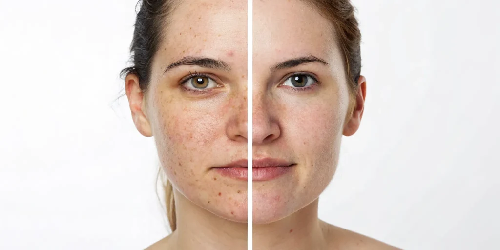 IPL photofacial before and after with improved skin tone and reduced blemishes.