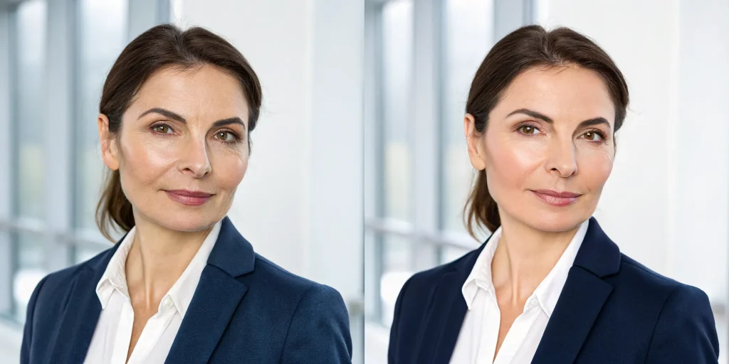 Liquid facelift before and after on a woman, showing a smoother and more youthful appearance.