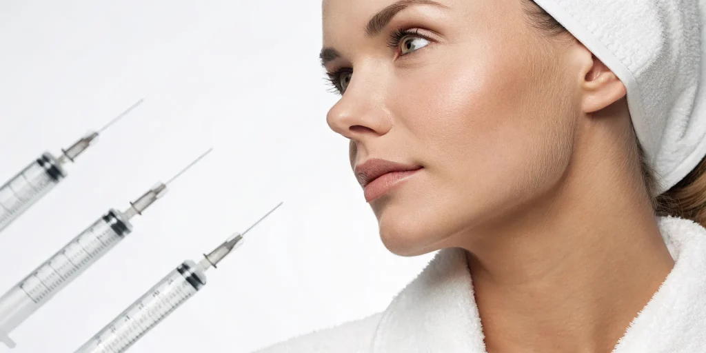 Woman with a sharp jawline and syringes of the best filler for jawline definition.