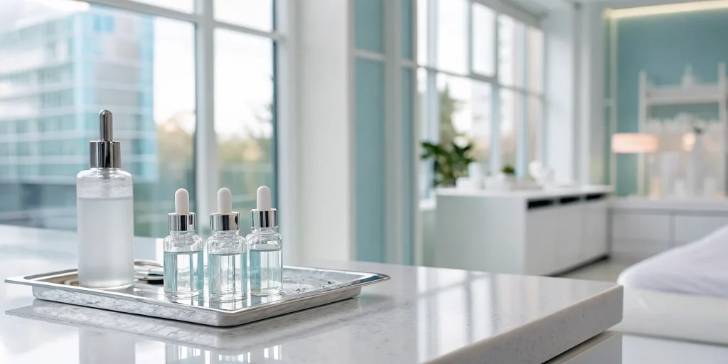 Vials of the best filler for thin skin on a medical tray, ready for treatment.