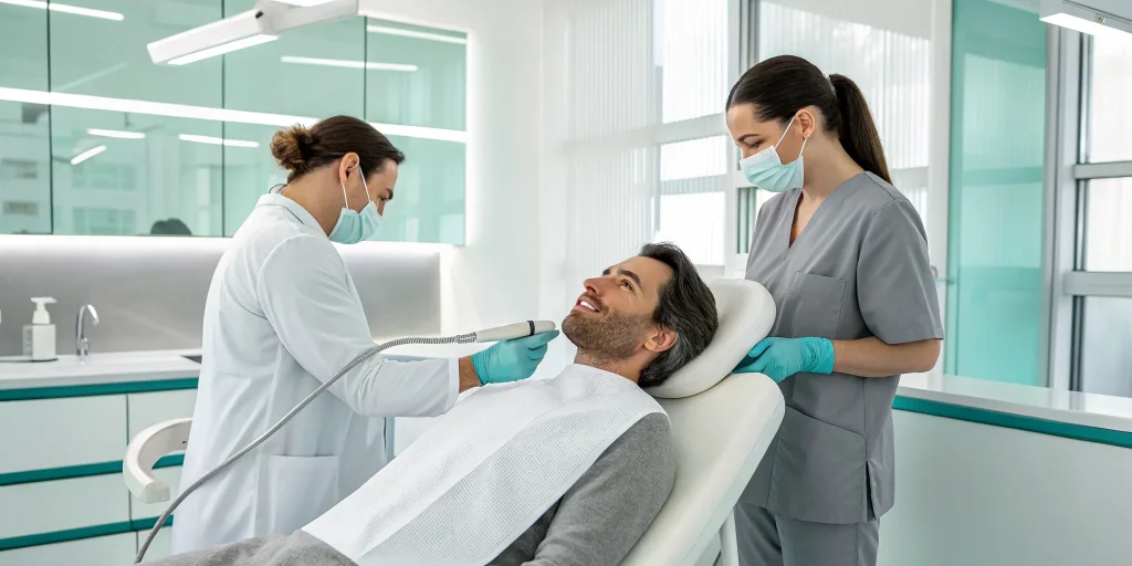 A professional performing radiofrequency microneedling for acne scars.