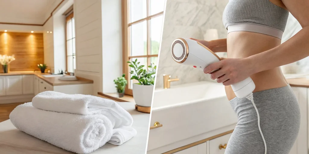 A woman uses an at-home ultrasonic cavitation device, a comparison to professional treatments.