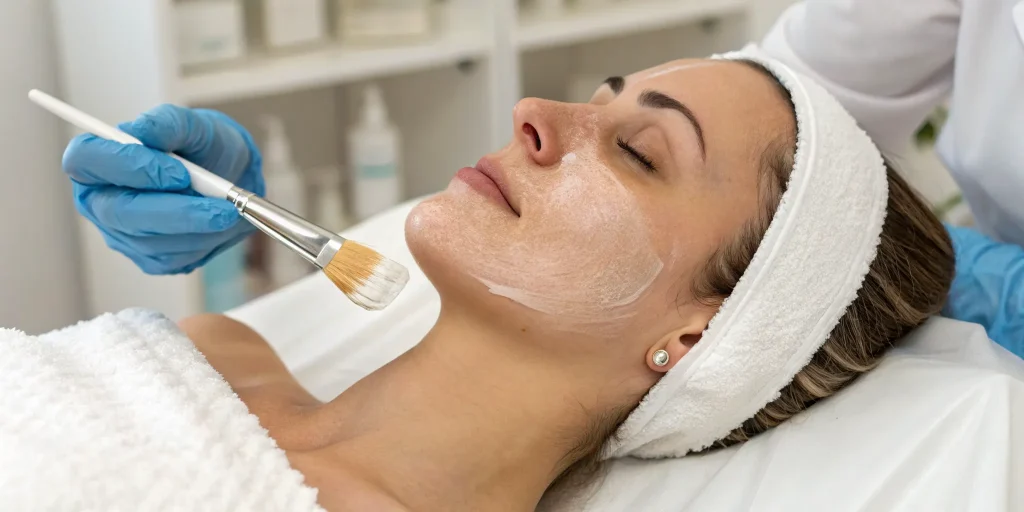 A woman receiving a professional chemical peel for skin resurfacing.