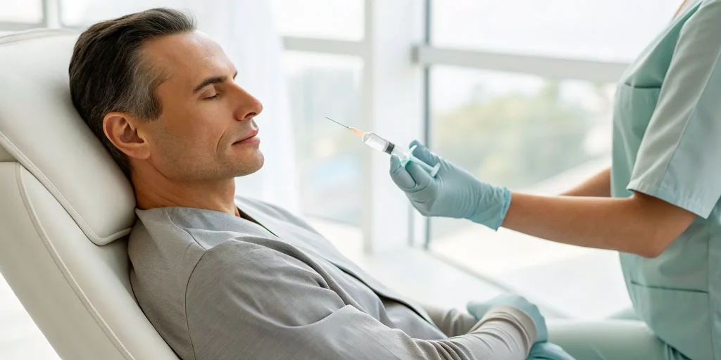 Man receiving under-eye dermal filler treatment for tired eyes.