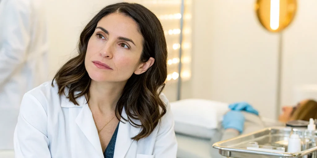 A woman discusses the side effects of PRP treatment for female hair loss with a doctor.