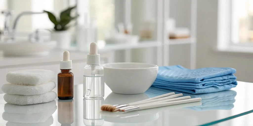 Medical chemical peel supplies on a clinic counter, a factor in the total treatment cost.