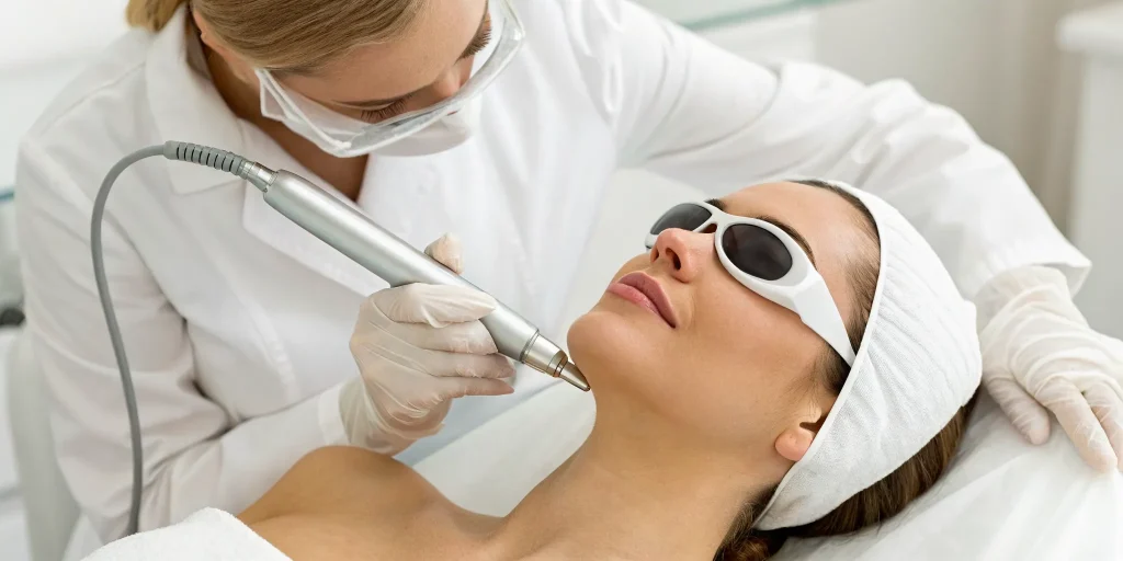 Laser pigmentation removal treatment on a woman's face for clearer skin.