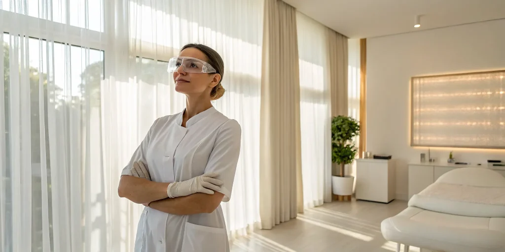 A clinician prepares for an IPL treatment for uneven skin tone in a clinic.