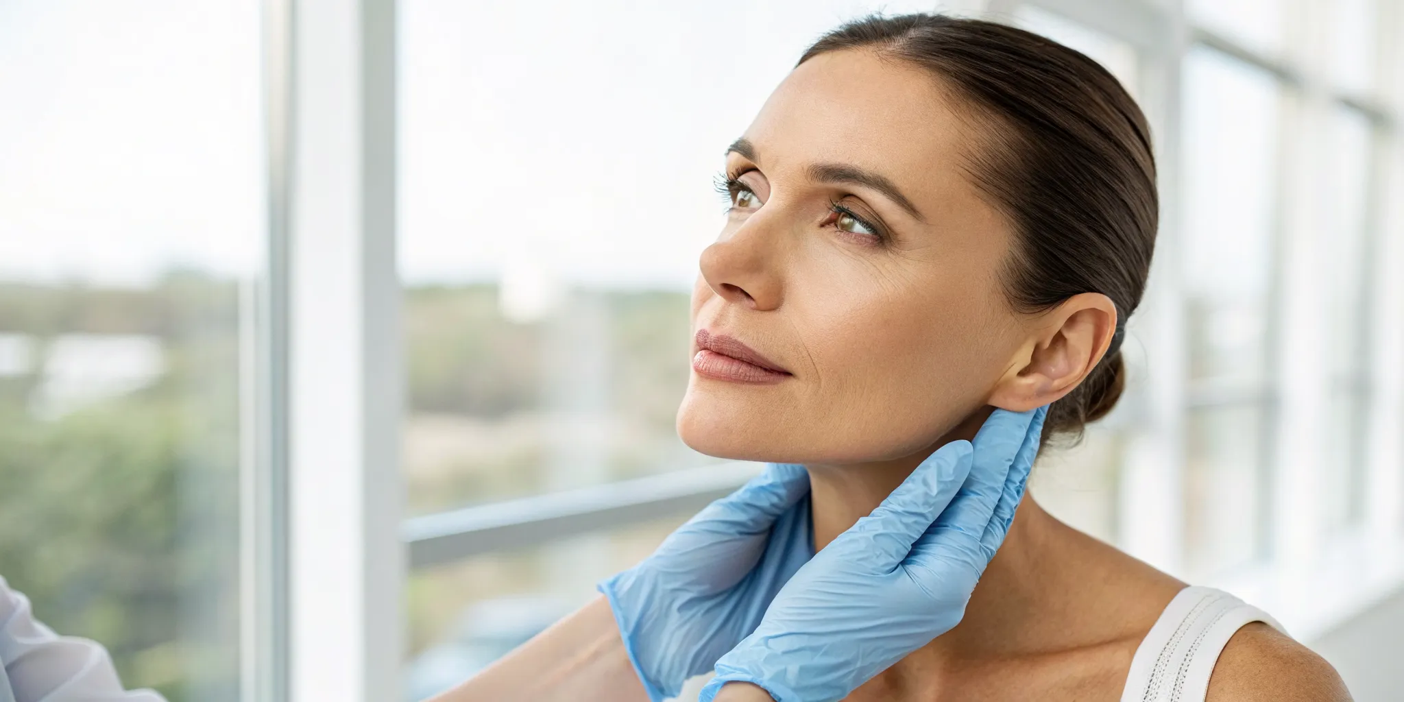 Doctor performing a PDO thread lift for jowls on a woman's jawline.